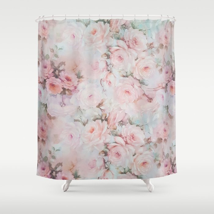 Vintage romantic blush pink teal bohemian roses floral Shower Curtain
