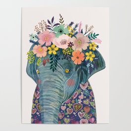 Elephant with flowers on head Poster
