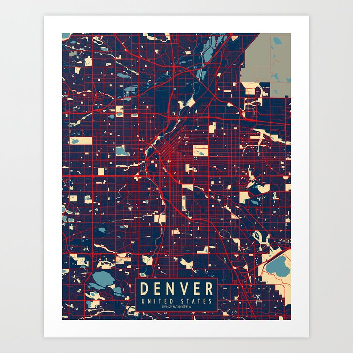 Denver City Map of Colorado, USA - Hope Art Print