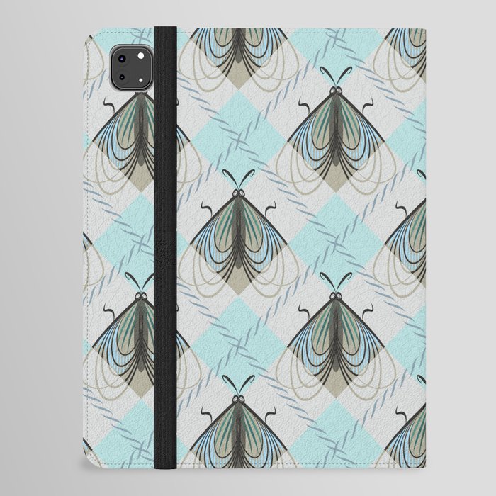 Grey and turquoise Argyle pattern with moths iPad Folio Case