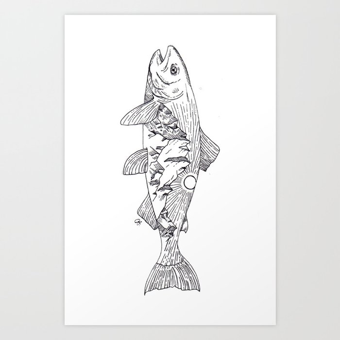 Fish, Minimalist Art, Tattoo, Line work, Ink, Illustration, Fine-line Art  Print by Poppin Peony