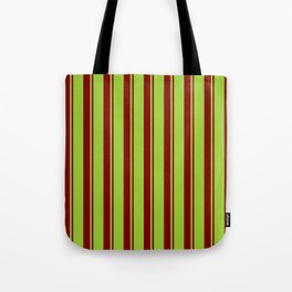 [ Thumbnail: Green and Maroon Colored Striped Pattern Tote Bag ]