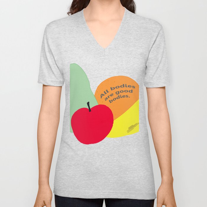 All of Us (All bodies are good bodies, drawing of fruit) (white background)  V Neck T Shirt
