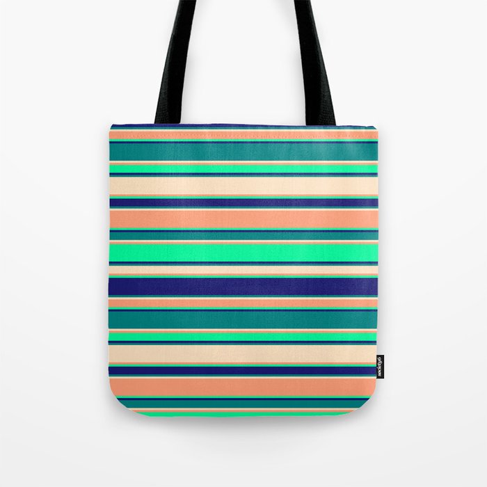 Vibrant Light Salmon, Green, Midnight Blue, Teal, and Bisque Colored Pattern of Stripes Tote Bag