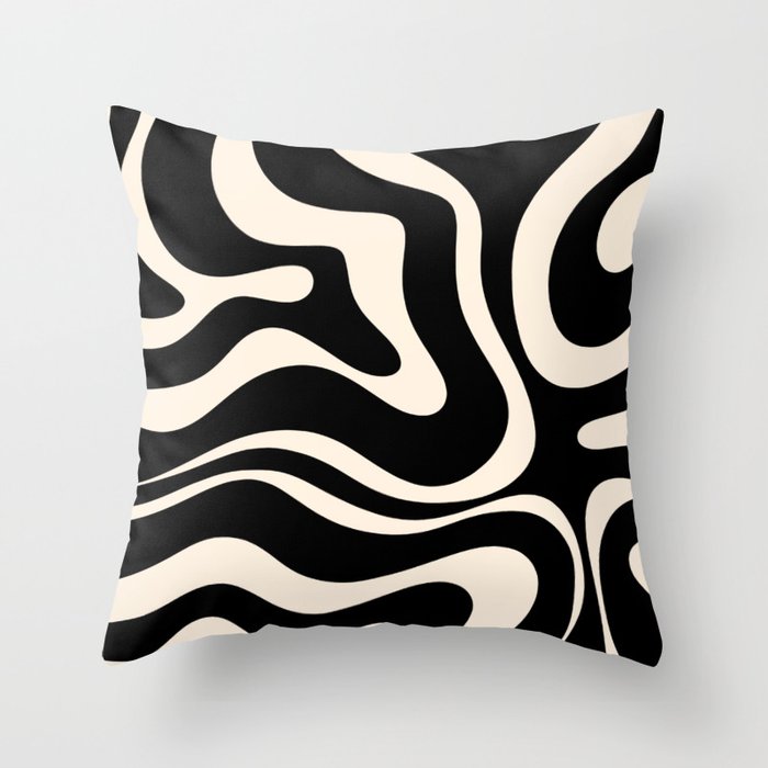 Modern Liquid Swirl Abstract Pattern Square in Black and Almond Cream  Throw Pillow