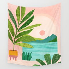 Vacation Views - Pink Coastal Landscape Wall Tapestry