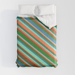 [ Thumbnail: Aquamarine, Coral, Sienna, Forest Green, and Blue Colored Lined/Striped Pattern Comforter ]