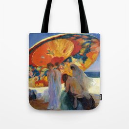 Reflected Shadows; Red-Gold Umbrella with Women Changing at Beach Day End painting by Lluís Masriera Tote Bag