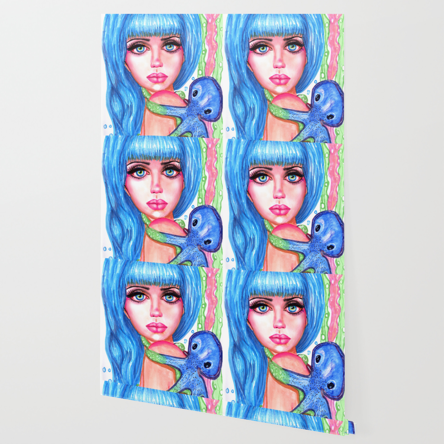 Mermaid With Blue Octopus Fantasy Art Illustration Wallpaper