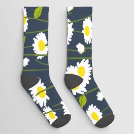 Cheerful Modern Daisy Flowers Navy Blue Socks
