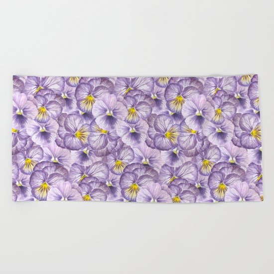 Watercolor floral pattern with violet pansies Beach Towel