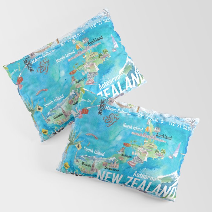 New Zealand Illustrated Travel Map with Tourist Highlights Pillow Sham