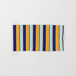 [ Thumbnail: Powder Blue, Midnight Blue, and Orange Colored Striped/Lined Pattern Hand & Bath Towel ]