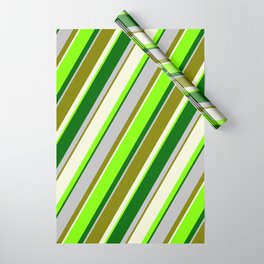 [ Thumbnail: Vibrant Beige, Chartreuse, Dark Green, Grey, and Green Colored Lined Pattern Wrapping Paper ]