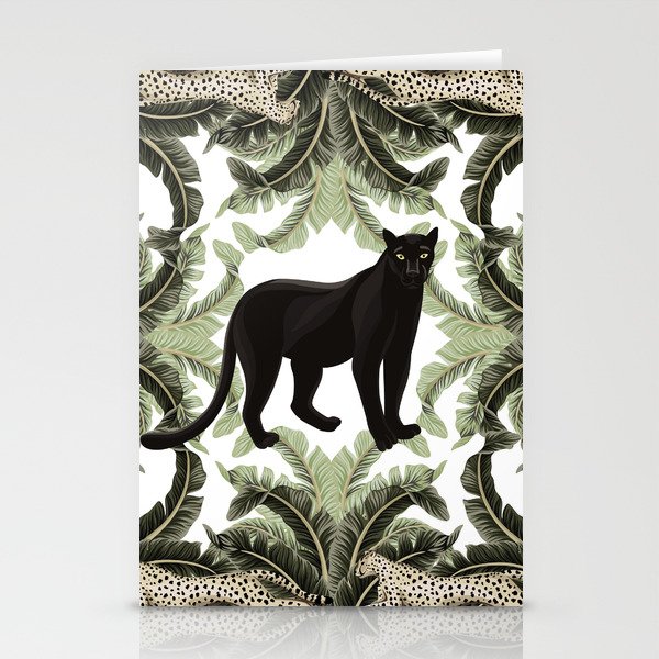 Vintage banana tree floral, cheetah running, panther animal geometric pattern white background. Exotic tropical scarf.  Stationery Cards