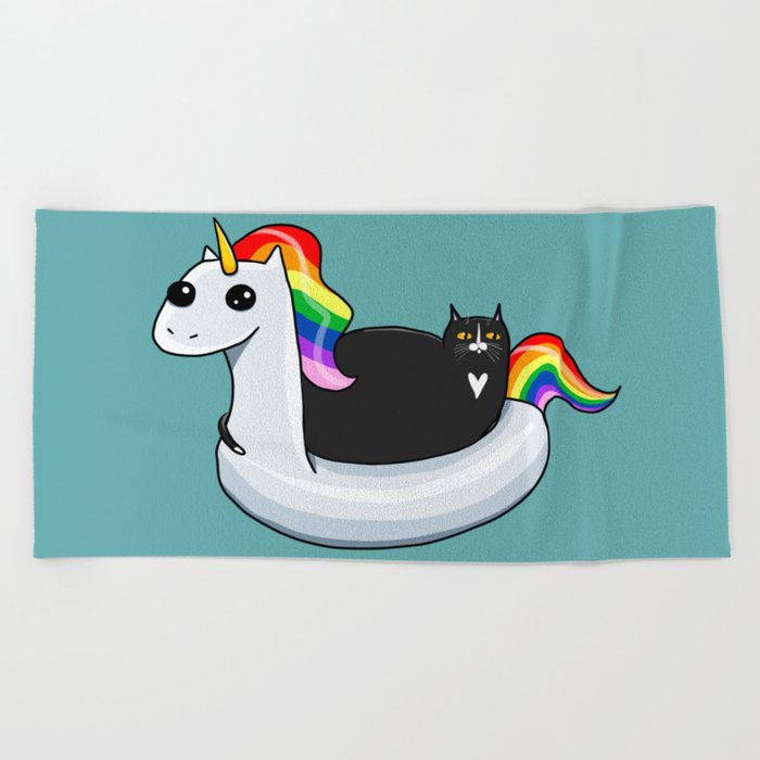 Chonky Cat on Rainbow Unicorn Floatie Beach Towel
