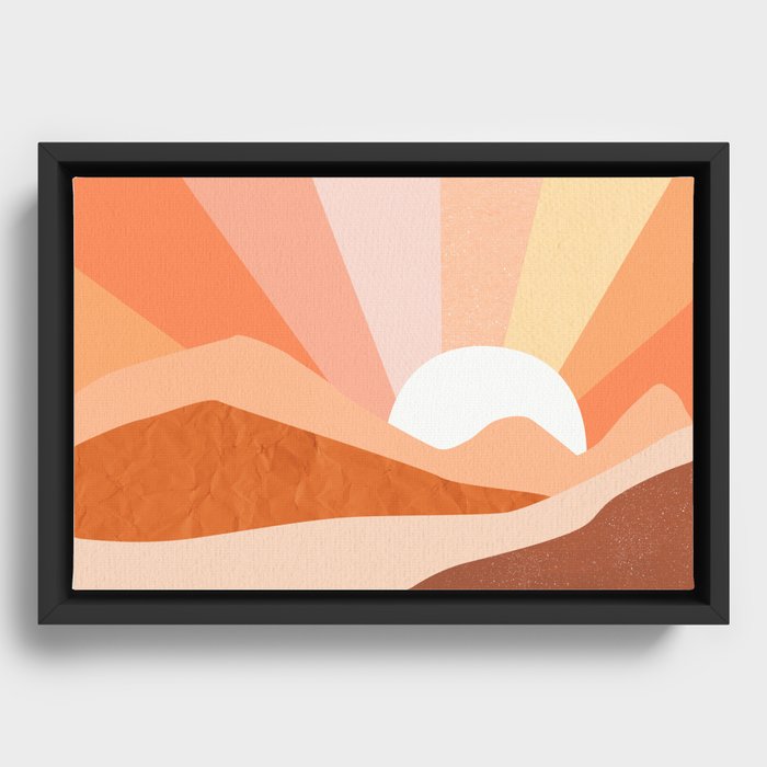 Here Comes the Sun Vintage Retro Boho Groovy 70s Sun Rays in Colorful Pink Terracotta Landscape Framed Canvas