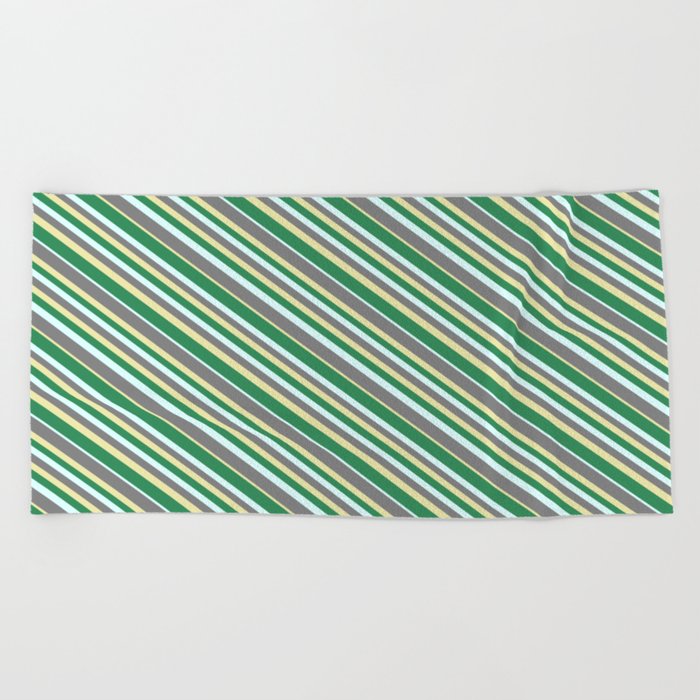 Grey, Pale Goldenrod, Sea Green, and Light Cyan Colored Lines Pattern Beach Towel