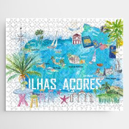 Azores Islands Portugal Illustrated Travel Map with Tourist Highlights Jigsaw Puzzle