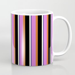 [ Thumbnail: Orchid, Chocolate, Black, Beige & Midnight Blue Colored Lined/Striped Pattern Coffee Mug ]