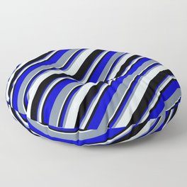 [ Thumbnail: Blue, Light Slate Gray, Light Cyan, and Black Colored Lined/Striped Pattern Floor Pillow ]
