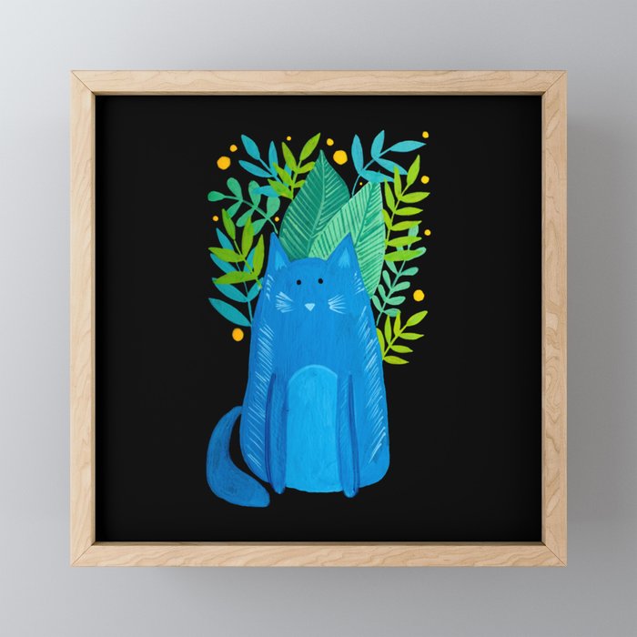 Cat and foliage - blue, green and black background Framed Mini Art Print