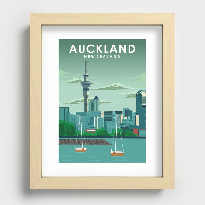 Auckland New Zealand Vintage Minimal Retro Travel Poster Recessed Framed Print