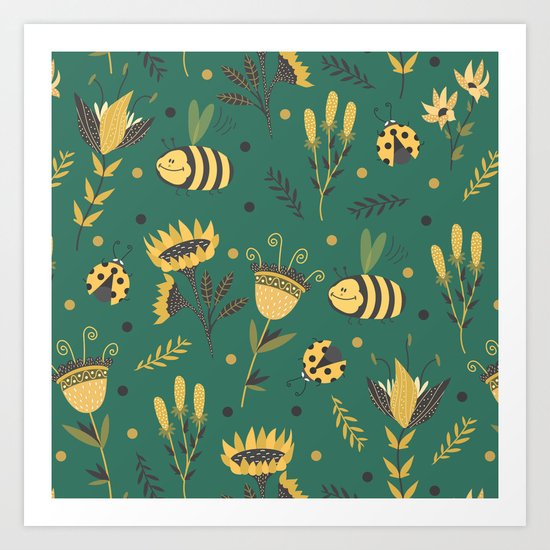 Bees and ladybugs Art Print