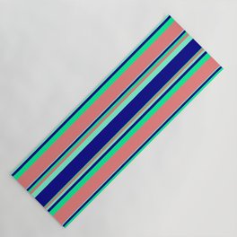 [ Thumbnail: Aquamarine, Dark Blue, Green & Light Coral Colored Stripes Pattern Yoga Mat ]