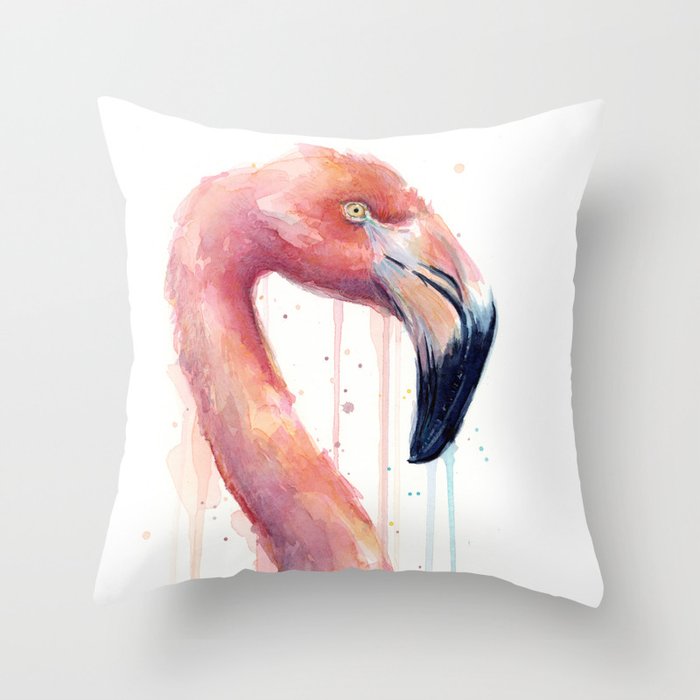 Watercolor Pink Flamingo Illustration | Facing Right Throw Pillow