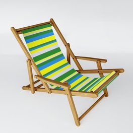 [ Thumbnail: Lavender, Forest Green, Blue & Yellow Colored Striped Pattern Sling Chair ]