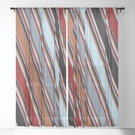 [ Thumbnail: Sienna, Light Blue, Dark Red, Light Slate Gray, and Black Colored Pattern of Stripes Sheer Curtain ]