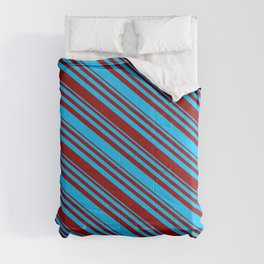 [ Thumbnail: Deep Sky Blue and Dark Red Colored Lined Pattern Comforter ]