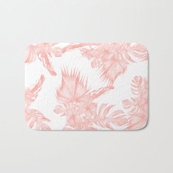 Tropical Hibiscus and Palm Leaves Coral White Bath Mat