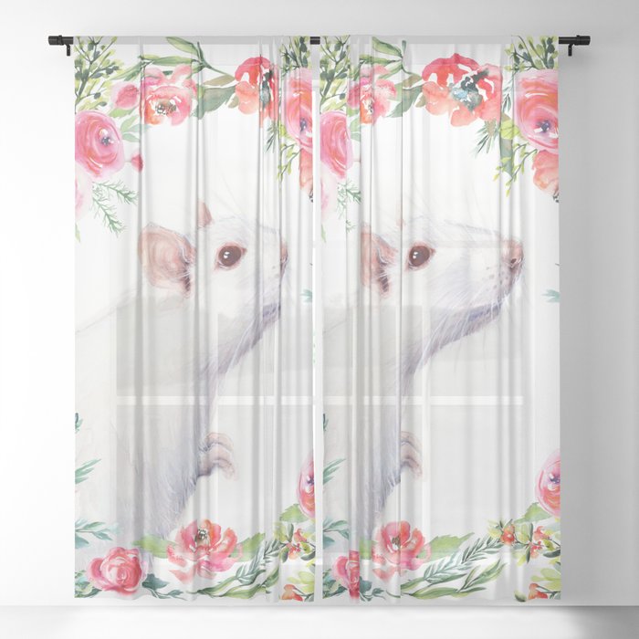 White Rat with Flowers Watercolor Floral Pattern Animal Sheer Curtain
