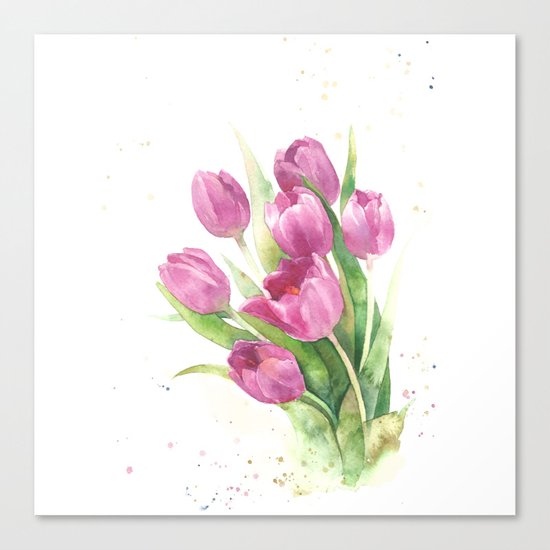 Watercolor bouquet of pink tulips Canvas Print