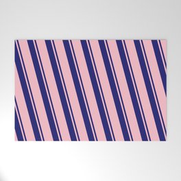 [ Thumbnail: Midnight Blue and Pink Colored Lined/Striped Pattern Welcome Mat ]