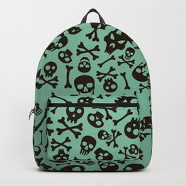 Black Silhouette Skulls and Bones Halloween Pattern on Green Background Backpack