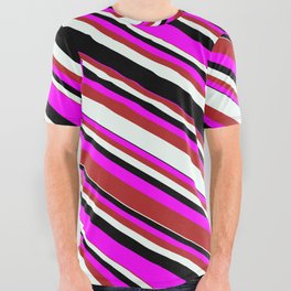 [ Thumbnail: Fuchsia, Red, Mint Cream, and Black Colored Pattern of Stripes All Over Graphic Tee ]