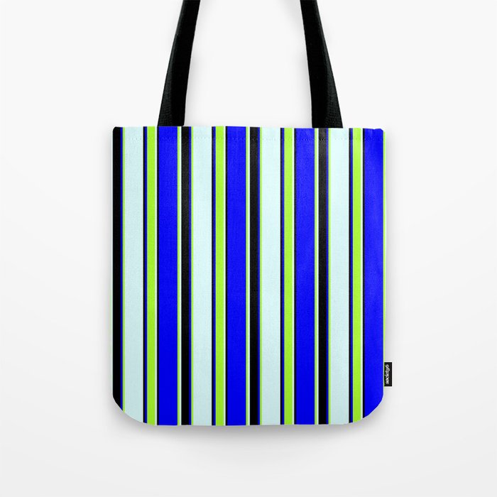 Blue, Light Green, Light Cyan & Black Colored Striped/Lined Pattern Tote Bag