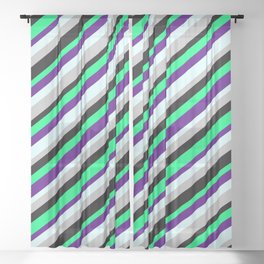 [ Thumbnail: Green, Indigo, Light Cyan, Grey, and Black Colored Lines Pattern Sheer Curtain ]