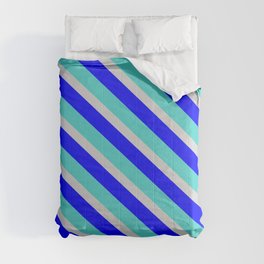 [ Thumbnail: Turquoise, Light Grey & Blue Colored Lines/Stripes Pattern Comforter ]