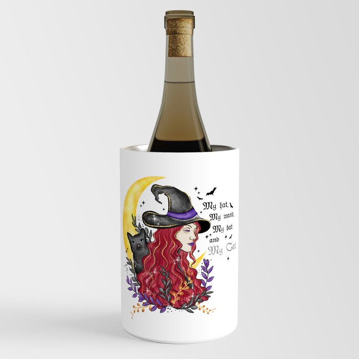 Cute red haired witch with cat Halloween Wine Chiller