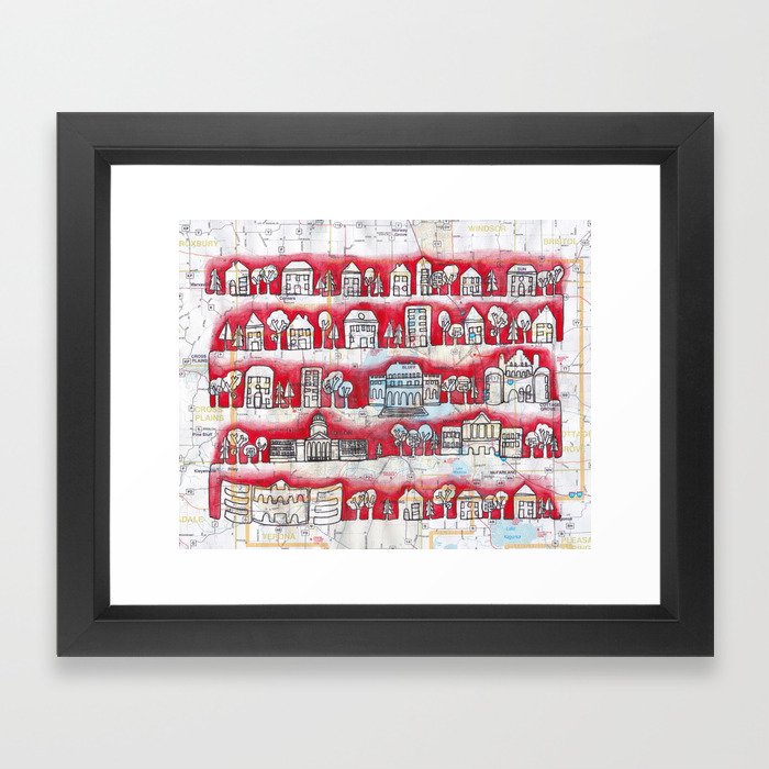 Madison, WI Neighborhoods Continuous Line Drawing on vintage map UW Badgers Framed Art Print