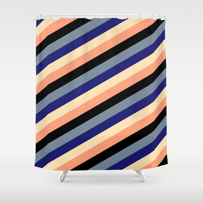 Light Slate Gray, Midnight Blue, Beige, Light Salmon & Black Colored Stripes/Lines Pattern Shower Curtain