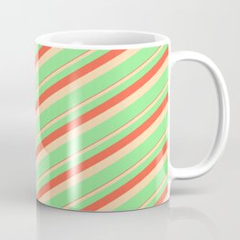 [ Thumbnail: Red, Tan & Light Green Colored Lines Pattern Coffee Mug ]