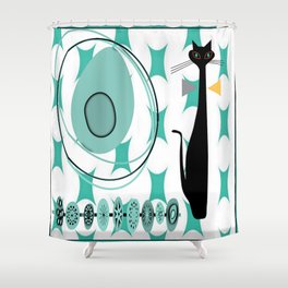 Mid-Century Modern Atomic Art - Teal - Cat Shower Curtain