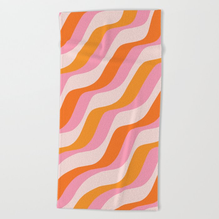 Zebra Stripes Abstract Lines Sunshine Retro Colorful Pink Orange Colors Boho Swirl Modern Pattern Beach Towel