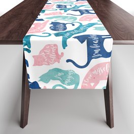Be like a cat // white background pastel pink blue aqua and teal cat silhouettes with affirmations Table Runner