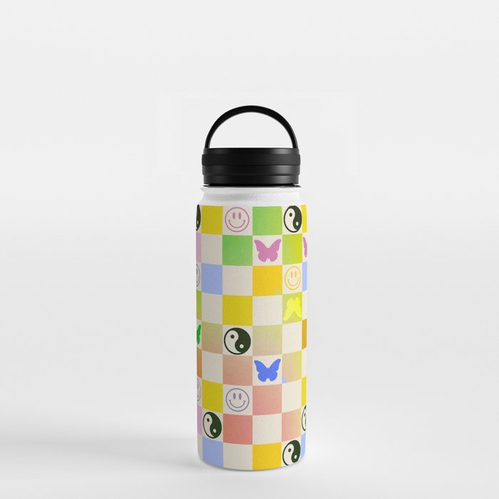 Y2k Butterfly Yin Yang Smiley Rainbow Gradient Checker Water Bottle